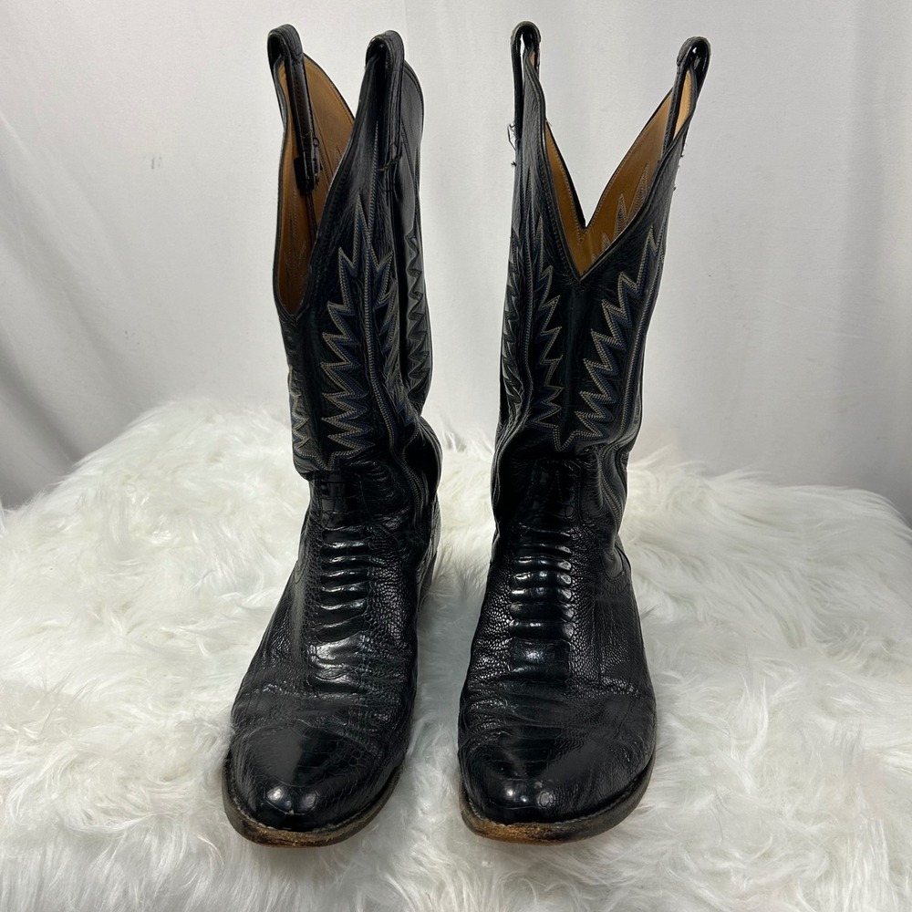 Panhandle Slim Black Ostrich Leather Cowboy Western Boots Mens 9 1/2‎